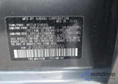 2024 Subaru Crosstrek Premium из США, поврежденный, VIN JF2GUADC1R8319050